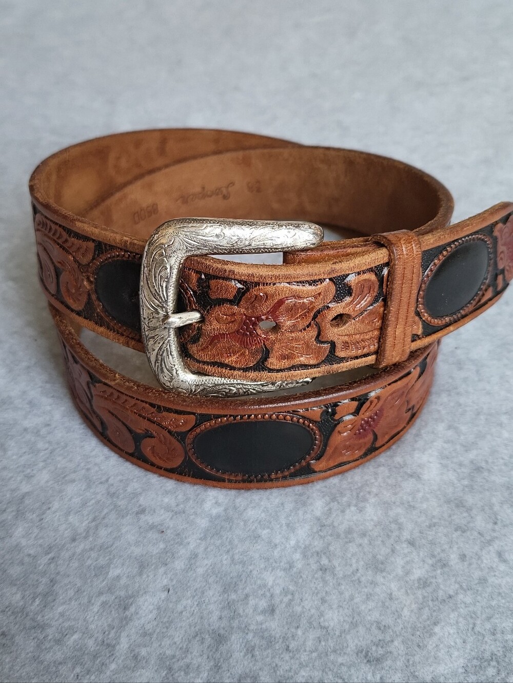 Vintage Looper Western Belt Mens 38 Brown Leather Embossed Tooled Handmade USA
